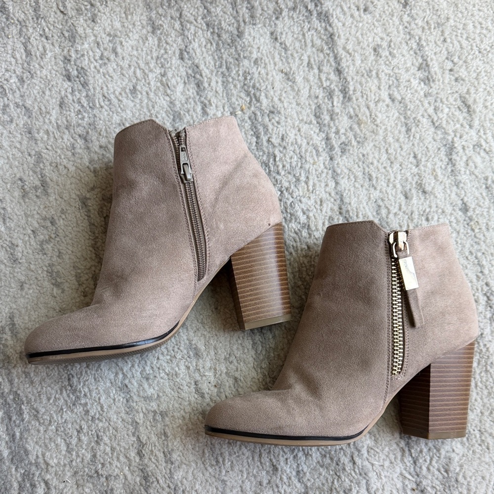 Women's Taupe Suede Ankle Booties with Block Heel 7.5